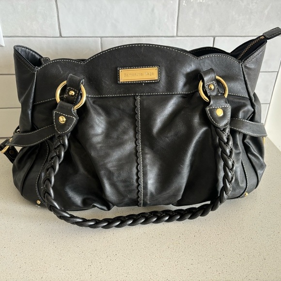 Samantha Vega Black Leather braided handle scalloped Shoulder Bag purse womens - Picture 7 of 10